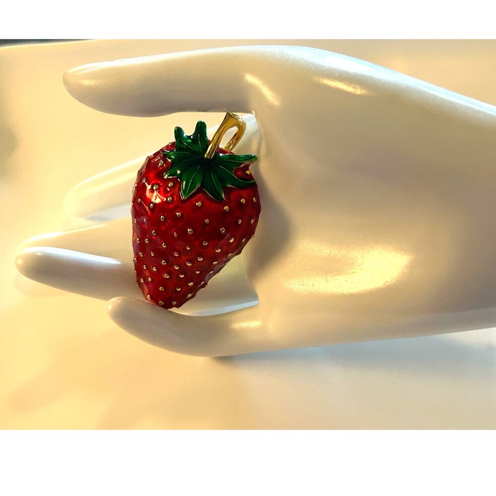 Vintage Saxon red enameled strawberry brooch or pendant with gold tone seeds